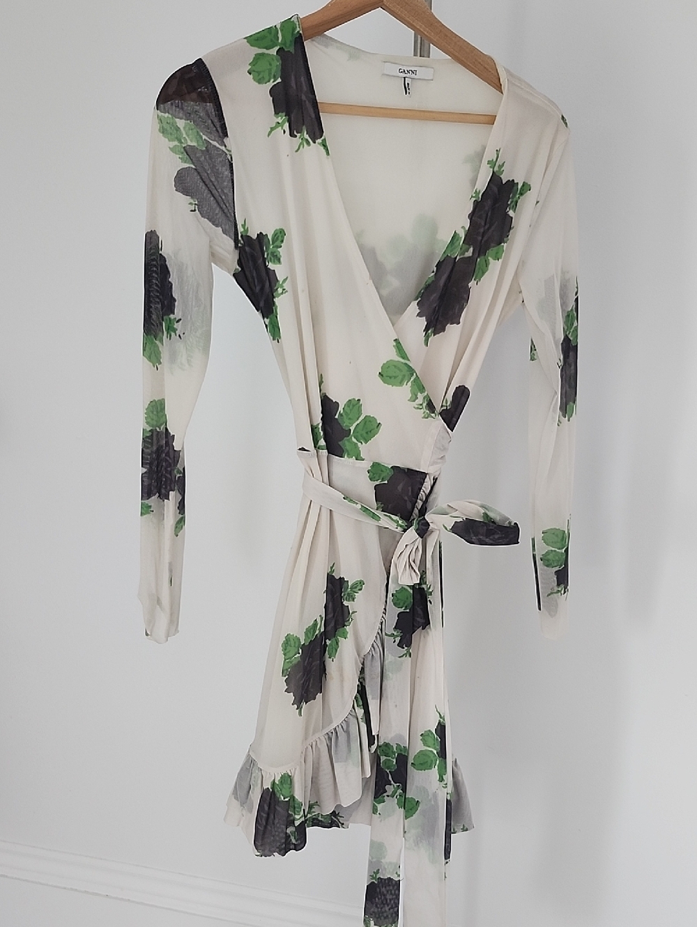 Ganni Cream Wrap Dress with Green & Black Floral Motif